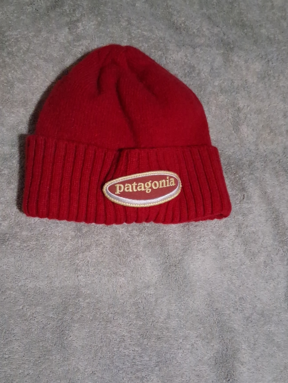 Patagonia Red Ribbed Knit Beanie with Logo Patch
